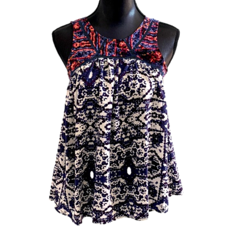 SLEEVELESS Babydoll Swing Sleeveless Flowy Ikat Boho Blouse Tank Small